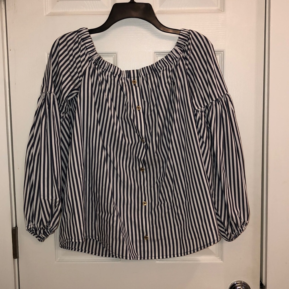 Off the shoulder, striped Michael Kors top.